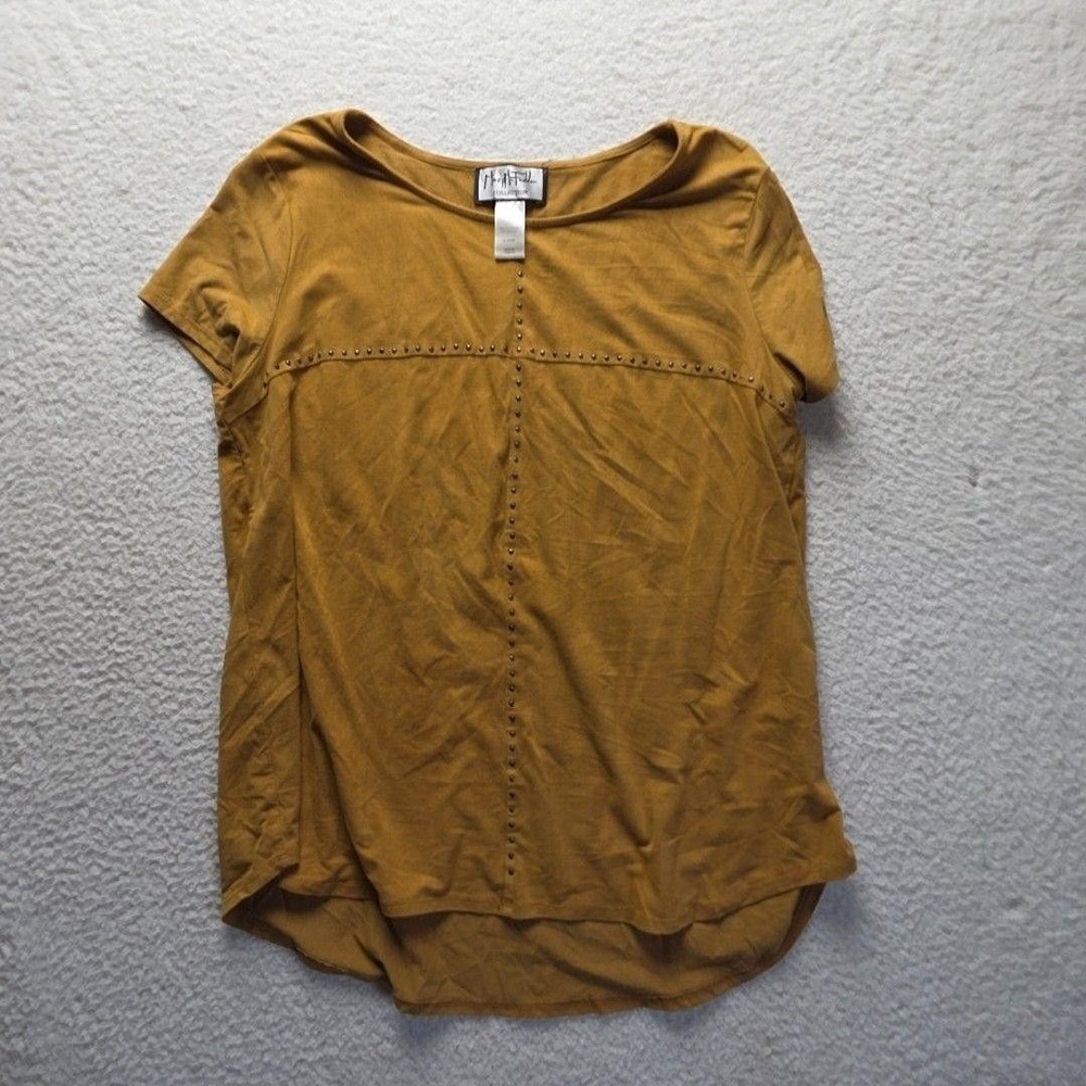 Mary McFadden Collection Blouse Womens L Brown Scoop Neck Short Sleeve Stud Top